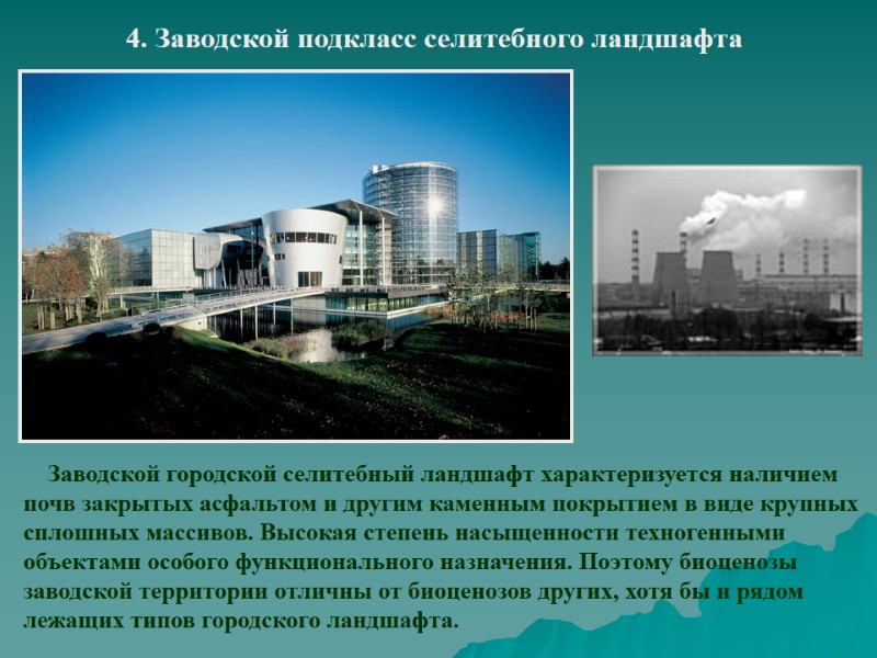 4. Заводской подкласс селитебного ландшафта     Заводской городской селитебный ландшафт характеризуется